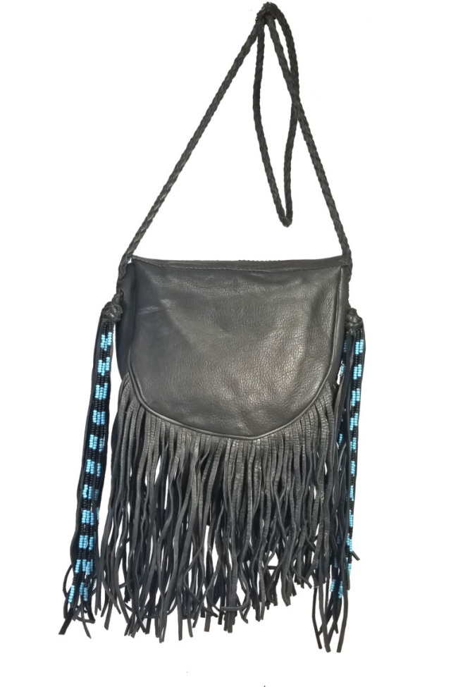 (image for) Native Sun Brass Beaded Fringe Leather Shoulder Bag